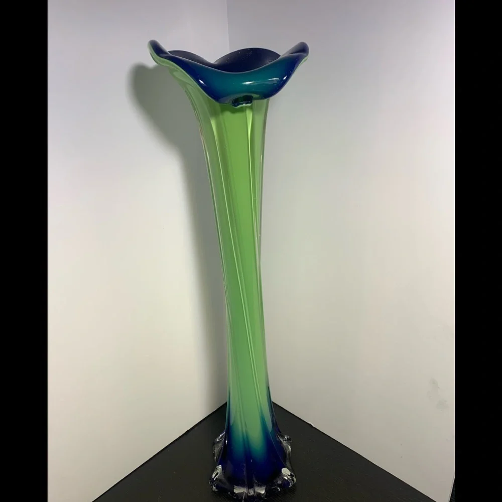 Hand Blown Murano Styled Art Glass Trumpet Tulip Vase Lime Green Blue